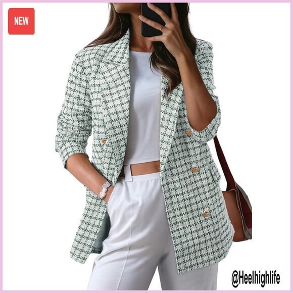 Jackets & Blazers - Women's Plaid Tweed Blazer Double Breasted Open Front Work Jacket